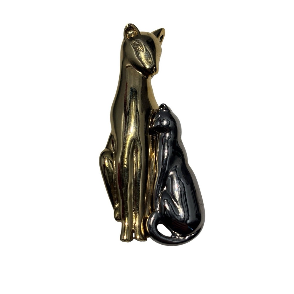 Vintage Gold Tone Mom Kitty Cat & Silver Tone Baby Kitten Family Brooch Pin